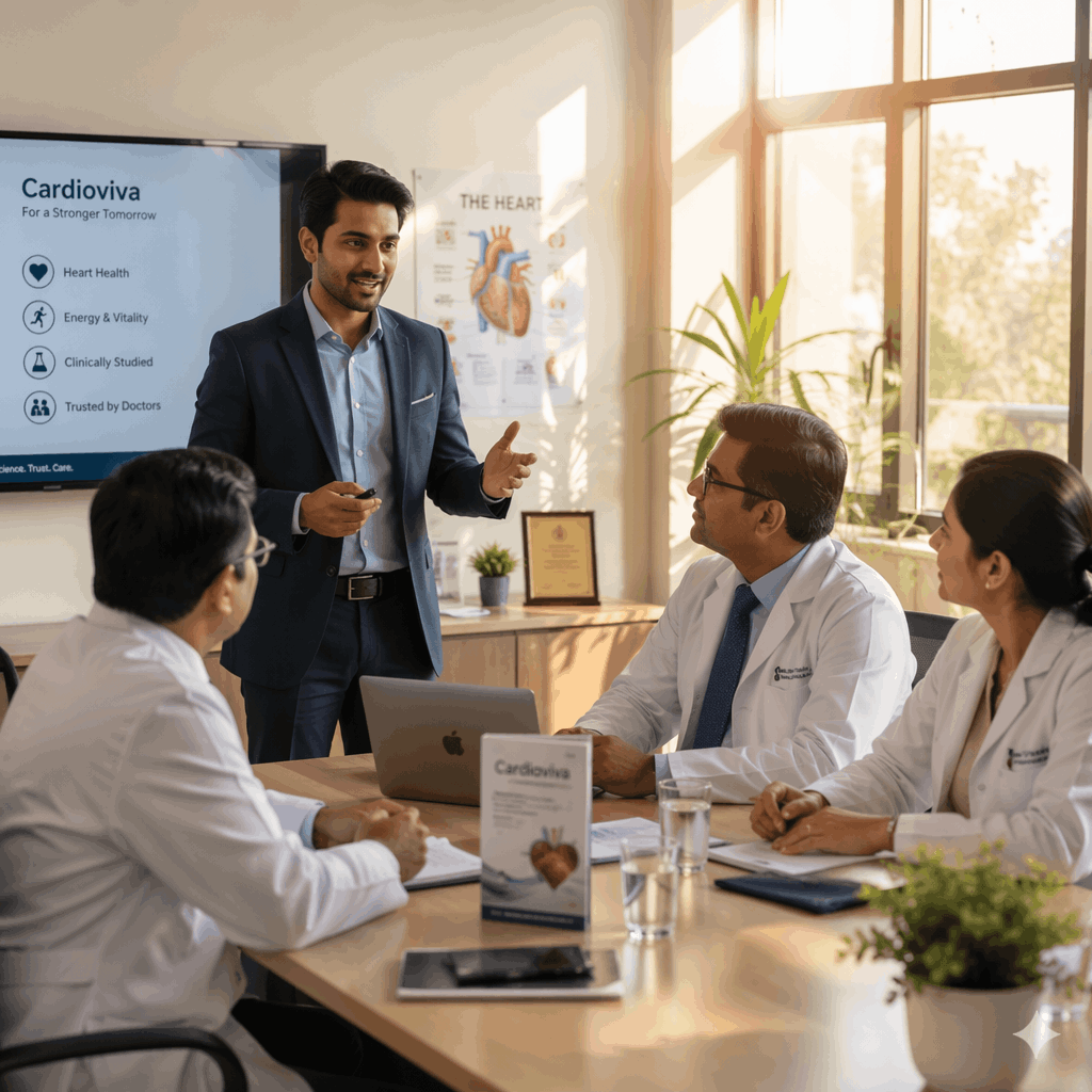 Doctor presenting cardiovascular health information to medical team in a bright office.