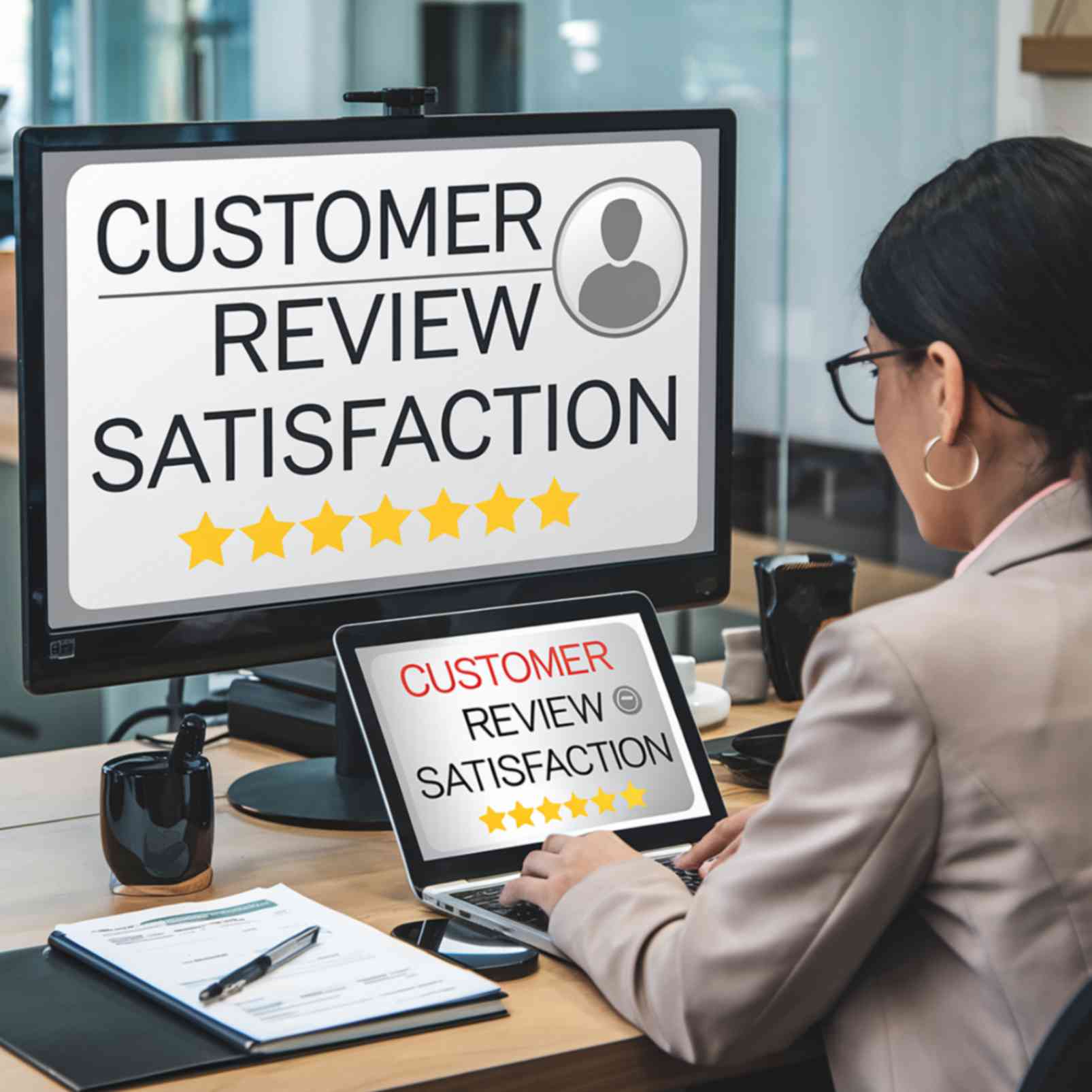 Customer review satisfaction with five-star rating on computer and tablet.