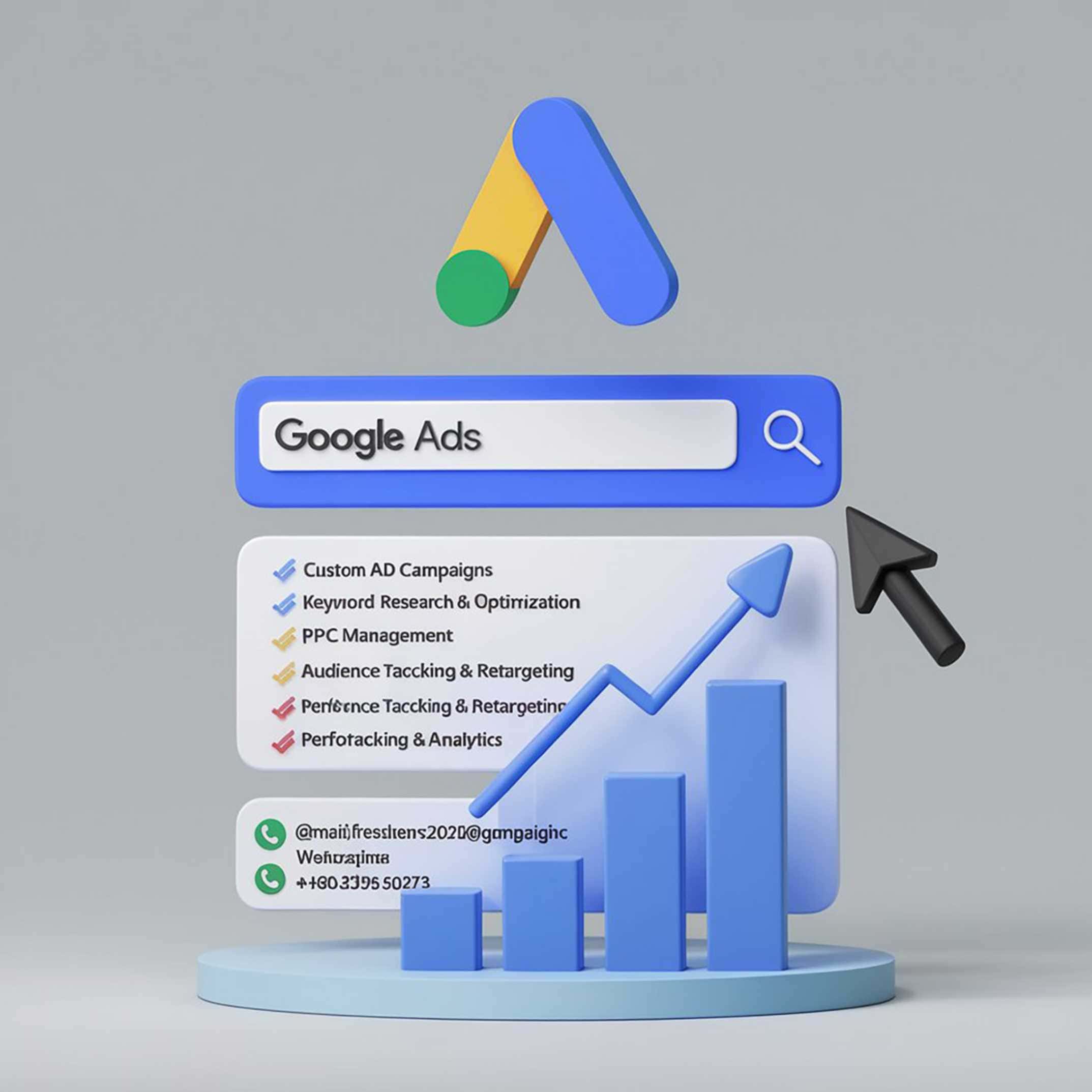 Google Ads search bar with upward trending graph and cursor.