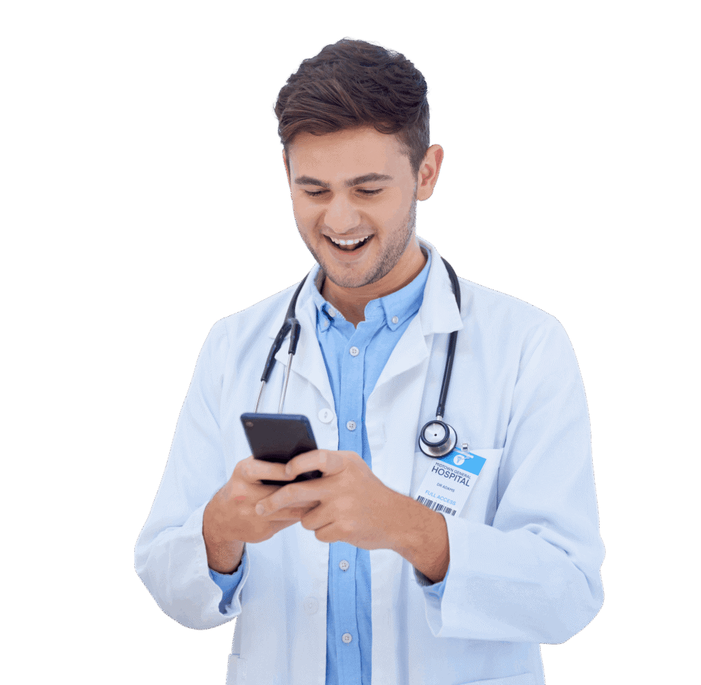 Young male doctor in white coat with stethoscope using smartphone.