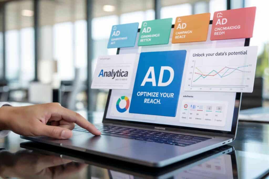 Person analyzing digital marketing data on a laptop screen with charts and graphs.