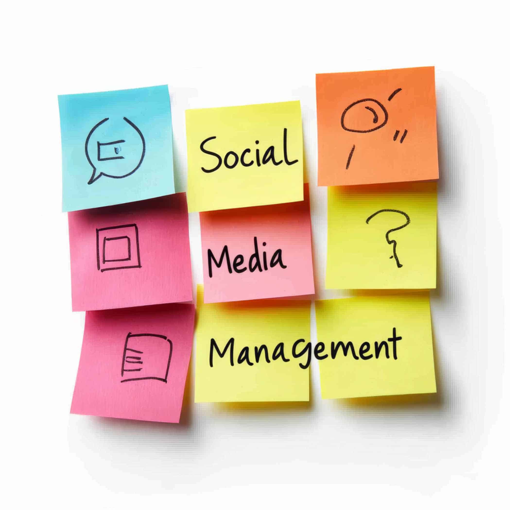 Colorful sticky notes with social media and management icons and keywords.