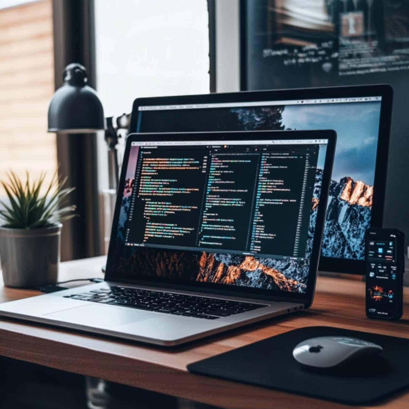 Laptop displaying code on a wooden desk with plants and a monitor.
